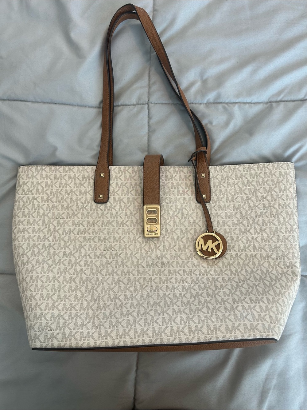 Michael Kors Cream and Brown Signature MK Tote Bag